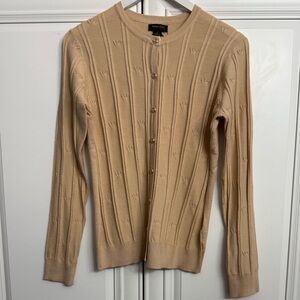 Tenney Rose Sz Large Tan Lightweight Cardigan Sweater Crew Neck Bling Buttons